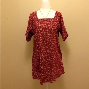 Vintage smock apron top. Red floral pattern.